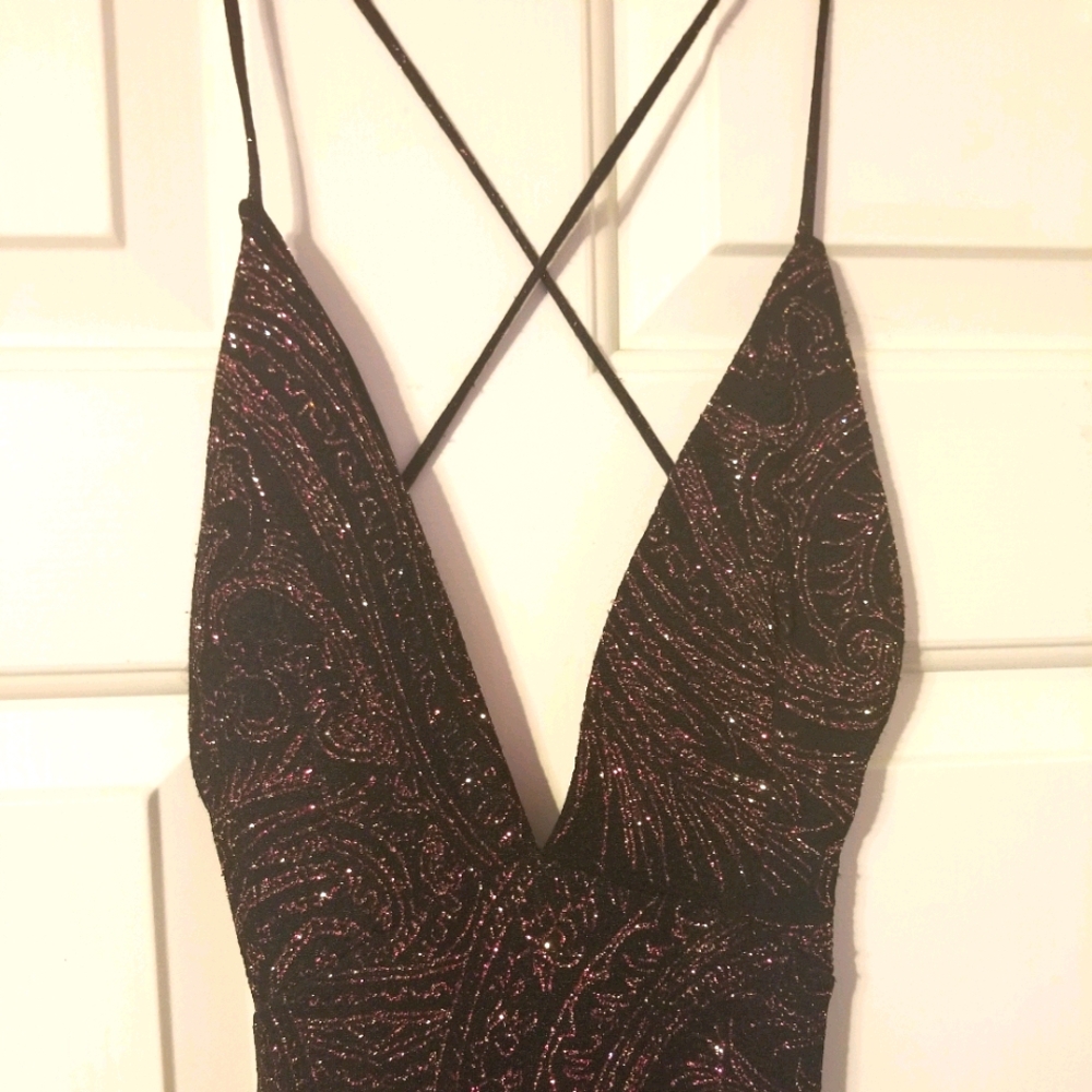 Evening dress, long, slim fit Black glitter V-neck